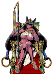 Size: 669x939 | Tagged: safe, official art, cleopatra (metal slug attack), animal humanoid, fictional species, mammal, humanoid, metal slug, metal slug attack, snk, 2016, belly button, big breasts, black hair, blue claws, bra, bracelet, breasts, cat ears, claws, clothes, collar, crossed legs, egyptian, female, hair, hair ornament, high heels, jewelry, lipstick, loincloth, long hair, makeup, red eyes, shoes, simple background, sitting, solo, solo female, staff, throne, transparent background, underboob, underwear