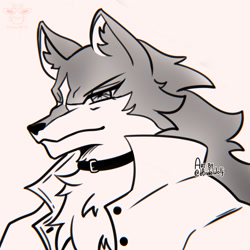 Size: 1280x1280 | Tagged: safe, artist:hinatawolf, shirou ogami (bna), canine, mammal, wolf, anthro, bna: brand new animal, 2020, bedroom eyes, black nose, bust, clothes, digital art, ears, fluff, fur, head fluff, looking at you, male, monochrome, portrait, simple background, solo, solo male, white background