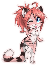 Size: 1585x2055 | Tagged: safe, artist:thecatnamedfish, oc, oc:fish (thecatnamedfish), cat, feline, mammal, anthro, 2017, blue eyes, breasts, ears, female, fur, hair, long hair, looking at you, nudity, one eye closed, solo, solo female, striped fur, tail, tongue, tongue out, waving, winking