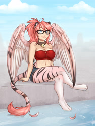 Size: 3000x4000 | Tagged: safe, artist:thecatnamedfish, oc, oc:fish (thecatnamedfish), humanoid, 2016, anklet, bell, belly button, bottomwear, breasts, cleavage, clothes, collar, ears, feathered wings, feathers, female, freckles, fur, glasses, hair, long hair, paws, pool, shorts, solo, solo female, striped fur, tail, topwear, water, wings, zipper