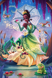 Size: 800x1200 | Tagged: safe, artist:tsaoshin, princess tiana (the princess and the frog), eeveelution, fictional species, human, leafeon, mammal, politoed, yanma, feral, disney, nintendo, pokémon, the princess and the frog, 2d, ambiguous gender, crossover, duo focus, female, group, lilypad, poké ball, standard poké ball
