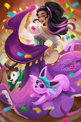 Size: 800x1200 | Tagged: safe, artist:tsaoshin, esmeralda (the hunchback of notre dame), eeveelution, espeon, fictional species, human, mammal, feral, disney, nintendo, pokémon, the hunchback of notre dame (disney), 2d, ambiguous gender, crossover, duo focus, female, group, trio