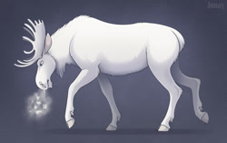Size: 1280x802 | Tagged: safe, artist:jenery, cervid, mammal, moose, feral, 2022, 2d, antlers, blue eyes, cloven hooves, dewclaw, digital art, ears, fur, hooves, male, solo, solo male, ungulate, white body, white fur