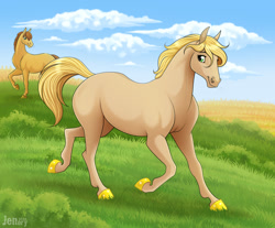 Size: 1280x1060 | Tagged: safe, artist:jenery, equine, horse, mammal, feral, 2022, 2d, blonde hair, brown hair, cloud, daughter, day, digital art, duo, ears, father, father and child, father and daughter, female, filly, foal, fur, grass, green eyes, hair, hooves, looking at each other, male, mane, outdoors, sky, stallion, tail, tan body, tan fur, ungulate, young