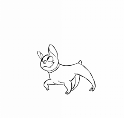 Size: 500x474 | Tagged: safe, artist:willow-s-linda, bulldog, canine, dog, mammal, feral, 2d, 2d animation, ambiguous gender, animated, frame by frame, french bulldog, gif, low res, monochrome, solo, solo ambiguous