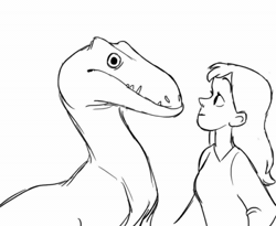 Size: 600x491 | Tagged: safe, artist:willow-s-linda, dinosaur, human, mammal, raptor, theropod, velociraptor, feral, 2d, 2d animation, ambiguous gender, animated, duo, female, frame by frame, gif, hug, monochrome