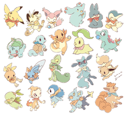 Size: 600x553 | Tagged: dead source, safe, artist:celmia, bulbasaur, charmander, chikorita, chimchar, cyndaquil, eevee, eeveelution, fictional species, mammal, meowth, mudkip, munchlax, phanpy, pikachu, piplup, riolu, shinx, skitty, squirtle, torchic, totodile, treecko, turtwig, vulpix, feral, nintendo, pokémon, pokémon mystery dungeon, 2d, ambiguous gender, ambiguous only, group, on model, pixiv, pokémon mystery dungeon: explorers, simple background, starter pokémon, white background