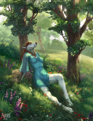 Size: 928x1200 | Tagged: safe, artist:aurru, canine, mammal, wolf, anthro, breasts, clothes, dress, female, flower, forest, lying down, plant, scenery, scenery porn, solo, solo female