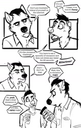 Size: 800x1266 | Tagged: safe, artist:skurvies, badger, canine, mammal, mustelid, wolf, anthro, age difference, comic strip, cute, cute little fangs, duo, fangs, father, father and child, father and son, male, son, teenager, teeth