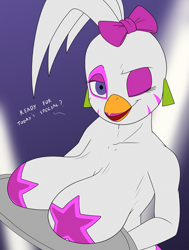 Size: 1245x1650 | Tagged: suggestive, artist:creatiffy, glamrock chica (fnaf), bird, chicken, galliform, anthro, five nights at freddy's, five nights at freddy's: security breach, 2022, beak, bedroom eyes, big breasts, breast rest, breasts, digital art, eyelashes, female, hair, looking at you, nipple tape, nudity, one eye closed, open mouth, solo, solo female, tongue