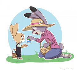 Size: 1280x1162 | Tagged: safe, artist:thegorysaint, judy hopps (zootopia), oc, lagomorph, mammal, rabbit, anthro, disney, zootopia, 2022, 2d, aunt, aunt and niece, basket, clothes, container, duo, duo female, easter egg, female, females only, hat, headwear, niece
