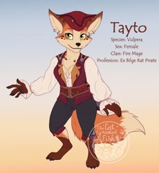 Size: 1176x1280 | Tagged: safe, artist:thecatnamedfish, oc, oc:tayto (thecatnamedfish), canine, fictional species, mammal, vulpera, anthro, blizzard entertainment, world of warcraft, 2020, absolute cleavage, armwear, belt, bottomwear, breasts, chest fluff, cleavage, clothes, ear piercing, ears, female, fluff, fur, looking at you, piercing, pirate, reference sheet, roleplaying, solo, solo female, spotted fur, tail, topwear, wow