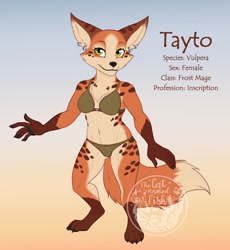 Size: 1176x1280 | Tagged: safe, artist:thecatnamedfish, oc, oc:tayto (thecatnamedfish), canine, fictional species, mammal, vulpera, anthro, blizzard entertainment, world of warcraft, 2020, bra, breasts, chest fluff, cleavage, clothes, ear piercing, ears, female, fluff, fur, looking at you, panties, piercing, pirate, reference sheet, roleplaying, solo, solo female, spotted fur, tail, underwear, wow