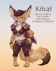 Size: 1003x1280 | Tagged: safe, artist:thecatnamedfish, oc, oc:kitcat (voxian), canine, fictional species, mammal, vulpera, anthro, blizzard entertainment, world of warcraft, 2020, belt, bottomwear, breasts, cape, chest fluff, clothes, ear piercing, ears, female, fluff, fur, hat, headwear, midriff, piercing, reference sheet, smiling, solo, solo female, striped fur, tail, topwear, wrist cuff