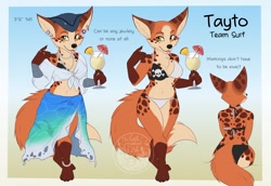 Size: 1280x883 | Tagged: safe, artist:thecatnamedfish, oc, oc:tayto (thecatnamedfish), canine, fictional species, mammal, vulpera, anthro, blizzard entertainment, world of warcraft, 2020, anklet, arm wraps, bikini, bottomwear, breasts, chest fluff, cleavage, clothes, drink, ear piercing, ears, female, fluff, food, fruit, fur, hat, headwear, looking at you, pearl necklace, piercing, pineapple, pirate, reference sheet, ring, rings, skirt, solo, solo female, spotted fur, swimsuit, tail, text, tongue out, wraps