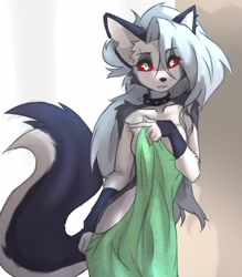 Size: 2329x2661 | Tagged: suggestive, artist:tinygaypirate, loona (vivzmind), canine, fictional species, hellhound, mammal, anthro, hazbin hotel, helluva boss, 2022, adorasexy, black nose, body markings, breasts, collar, colored sclera, covered, covering, cute, ears, female, fur, gray body, gray fur, gray hair, hair, long hair, looking at you, multicolored fur, nudity, red eyes, red sclera, sexy, solo, solo female, spiked collar, tail, towel, white body, white fur