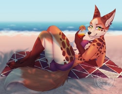 Size: 1280x989 | Tagged: safe, artist:thecatnamedfish, oc, oc:tayto (thecatnamedfish), canine, fictional species, mammal, vulpera, anthro, blizzard entertainment, world of warcraft, 2020, beach, beach towel, bikini, clothes, drink, ear piercing, ears, female, fur, glass, looking at you, paws, piercing, sand, solo, solo female, spotted fur, swimsuit, tail, towel, water