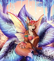 Size: 1133x1280 | Tagged: safe, artist:thecatnamedfish, oc, oc:tayto (thecatnamedfish), canine, fairy, fictional species, mammal, vulpera, anthro, blizzard entertainment, world of warcraft, 2020, anklet, bottomwear, breasts, chest fluff, claws, clothes, cute, ear piercing, ears, female, flower, flower crown, flower on head, fluff, headwear, insect wings, piercing, plant, skirt, solo, solo female, tail, tree, wings, yellow eyes