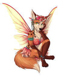 Size: 1280x1585 | Tagged: safe, alternate version, artist:thecatnamedfish, oc, oc:tayto (thecatnamedfish), canine, fairy, fictional species, mammal, vulpera, anthro, blizzard entertainment, world of warcraft, 2020, anklet, bottomwear, breasts, chest fluff, claws, clothes, cute, ear piercing, ears, female, flower, flower crown, flower on head, fluff, headwear, insect wings, piercing, plant, skirt, solo, solo female, tail, wings, yellow eyes