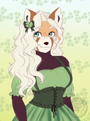 Size: 958x1280 | Tagged: safe, artist:thecatnamedfish, oc, oc only, oc:tammy (thecatnamedfish), mammal, red panda, anthro, 2020, breasts, cleavage, clothes, corset, dress, ears, face markings, female, freckles, green clothing, green eyes, hair, hair accessory, hair ribbon, holiday, long hair, saint patrick's day, smiling, solo, solo female, string