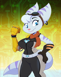 Size: 1009x1280 | Tagged: safe, artist:bigdon1992, rivet (r&c), fictional species, lombax, mammal, anthro, ratchet & clank, 2022, breasts, clothes, digital art, ears, eyelashes, female, fur, gloves, goggles, goggles on head, hair, pink nose, pose, prosthetic arm, prosthetics, solo, solo female, suit, tail, thighs, wide hips