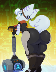Size: 1009x1280 | Tagged: safe, artist:bigdon1992, rivet (r&c), fictional species, lombax, mammal, anthro, ratchet & clank, 2022, bent over, breasts, butt, clothes, digital art, ears, eyelashes, female, fur, gloves, goggles, goggles on head, hair, hammer, looking at you, looking back, looking back at you, pink nose, pose, prosthetic arm, prosthetics, rear view, sideboob, solo, solo female, suit, tail, thighs, wide hips