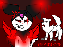 Size: 960x720 | Tagged: safe, artist:wonderwolf51, kuromi (sanrio), canine, demon, fictional species, mammal, wolf, sanrio, ambiguous gender, angry, base, chains, colored pupils, duo, female, red pupils