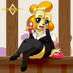 Size: 1500x1500 | Tagged: safe, alternate version, artist:kloudmutt, isabelle (animal crossing), canine, dog, mammal, shih tzu, anthro, animal crossing, nintendo, 2017, black nose, blushing, bottomwear, breasts, clothes, crossed legs, detailed background, digital art, ears, eyelashes, female, fur, hair, high heels, legwear, looking at you, office, open mouth, phone, pose, shirt, shoes, sitting, skirt, solo, solo female, stockings, table, tail, thighs, tongue, topwear, wide hips