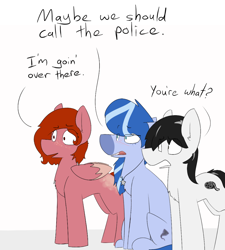 Size: 900x1000 | Tagged: safe, artist:aquest, equine, mammal, feral, comic:public improvised dildo, hasbro, my little pony, cutie mark, dialogue, explicit source, eye through hair, female, group, hair, male, mane, mare, open mouth, pendant, sidewalk, sitting, standing, talking, trio