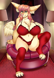 Size: 1100x1585 | Tagged: safe, artist:niis, canine, fox, mammal, anthro, bra, breasts, cleavage fluff, clothes, feathers, female, fluff, huge breasts, legwear, lingerie, panties, sitting, solo, solo female, stockings, thick thighs, thighs, underwear, wide hips, wings