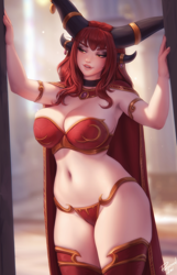 Size: 800x1244 | Tagged: safe, artist:personalami, alexstrasza (wow), animal humanoid, dragon, fictional species, mammal, humanoid, blizzard entertainment, world of warcraft, big breasts, blushing, bra, breasts, clothes, female, horns, panties, solo, solo female, thick thighs, thighs, underwear, wide hips
