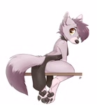 Size: 2500x2700 | Tagged: safe, artist:louart, canine, fox, mammal, anthro, amber eyes, clothes, dress, ear piercing, ears, female, fur, gray body, gray fur, gray hair, hair, industrial piercing, looking at you, looking back, paw pads, paws, piercing, signature, simple background, sitting, solo, solo female, tail, thick thighs, thighs, white background