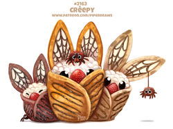 Size: 920x688 | Tagged: safe, artist:cryptid-creations, arachnid, arthropod, bat, fictional species, food creature, hybrid, mammal, spider, feral, ambiguous gender, ambiguous only, berry, crepes, food, fruit, group, pun, simple background, strawberry, visual pun, white background