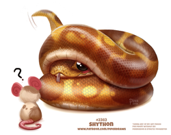 Size: 657x518 | Tagged: safe, artist:cryptid-creations, mammal, mouse, python, reptile, rodent, snake, feral, 2d, ambiguous gender, ambiguous only, blep, blushing, duo, duo ambiguous, forked tongue, murine, pun, question mark, shy, simple background, tongue, tongue out, visual pun, white background
