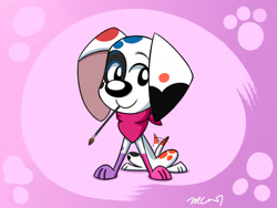 Size: 2000x1500 | Tagged: safe, artist:rex100, artist:trc001, da vinci (101 dalmatian street), canine, dalmatian, dog, mammal, feral, 101 dalmatian street, 101 dalmatians, disney, 2022, 2d, female, looking at you, paintbrush, smiling, smiling at you, solo, solo female, tail, tail wag