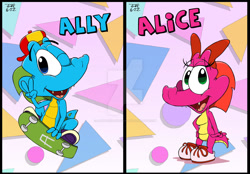 Size: 1600x1116 | Tagged: safe, artist:jaypricecartoons, oc, oc only, oc:alice (jaypricecartoons), oc:ally (jaypricecartoons), alligator, crocodilian, reptile, semi-anthro, 2022, backwards ballcap, baseball cap, bow, brother, brother and sister, cap, clothes, duo, female, gesture, hair bow, hat, headwear, looking at you, male, one eye closed, open mouth, open smile, peace sign, shoes, siblings, sister, skateboard, smiling, smiling at you, winking, young