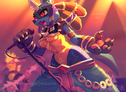 Size: 1000x726 | Tagged: safe, artist:skeleion, fictional species, lucario, mammal, reptile, toxtricity, anthro, nintendo, pokémon, 2022, breasts, clothes, duo, ears, female, female focus, microphone, paw pads, paws, ruin style lucario, singing, solo focus, tail, thick thighs, thighs, underboob, wide hips