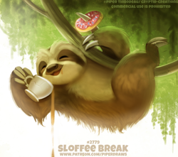 Size: 700x620 | Tagged: safe, artist:cryptid-creations, mammal, sloth, three-toed sloth, 2d, ambiguous gender, branch, coffee, container, cup, doughnut, drink, drinking, eyes closed, food, pun, smiling, solo, solo ambiguous, visual pun