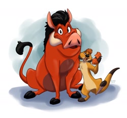 Size: 1813x1684 | Tagged: safe, artist:orlandofox, pumbaa (the lion king), timon (the lion king), mammal, meerkat, mongoose, suid, warthog, feral, disney, the lion king, 2d, cheek fluff, chest fluff, duo, duo male, eating, fluff, leg fluff, looking at you, male, males only, shoulder fluff