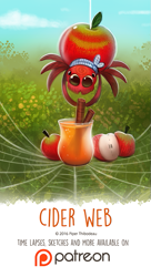Size: 451x832 | Tagged: safe, artist:cryptid-creations, arachnid, arthropod, fictional species, food creature, hybrid, spider, feral, 2d, ambiguous gender, apple, cider, cinnamon, food, fruit, patreon, pun, solo, solo ambiguous, spider web, visual pun
