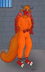Size: 1280x2042 | Tagged: safe, artist:alviniscute, oc, oc:blazy, dragon, fictional species, anthro, bondage, bound wings, chained, clothes, commission, cuffed, cuffs, jail, prison, prison outfit, prisoner, shackles, teeth, wings