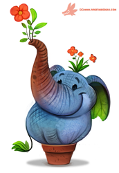 Size: 451x654 | Tagged: safe, artist:cryptid-creations, elephant, fictional species, flora fauna, hybrid, mammal, feral, 2d, ambiguous gender, flower, flower pot, plant, pun, simple background, smiling, solo, solo ambiguous, visual pun, white background