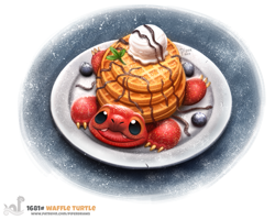 Size: 1051x839 | Tagged: safe, artist:cryptid-creations, fictional species, food creature, hybrid, reptile, turtle, 2d, ambiguous gender, berry, blueberry, food, fruit, open mouth, open smile, plate, simple background, smiling, solo, solo ambiguous, strawberry, waffle, white background