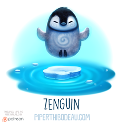 Size: 648x668 | Tagged: safe, artist:cryptid-creations, bird, penguin, feral, 2d, ambiguous gender, chick, emperor penguin, eyes closed, iceberg, meditation, patreon, pun, solo, solo ambiguous, visual pun, water, young