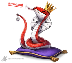 Size: 777x681 | Tagged: safe, artist:cryptid-creations, cobra, mammal, mouse, reptile, rodent, snake, feral, 2d, crown, dialogue, eyes closed, headwear, jewelry, king, male, murine, pillow, pun, regalia, simple background, solo, solo male, talking, visual pun, white background
