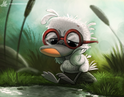 Size: 900x703 | Tagged: safe, artist:cryptid-creations, bird, duck, waterfowl, feral, 2d, ambiguous gender, cattail, glasses, grass, rock, round glasses, sad, sitting, solo, solo ambiguous, the ugly duckling