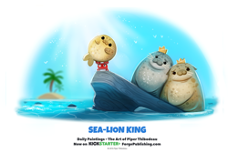 Size: 1100x741 | Tagged: safe, artist:cryptid-creations, arthropod, crab, crustacean, mammal, sea lion, feral, disney, the lion king, 2d, ambiguous gender, crown, female, group, headwear, island, jewelry, male, palm tree, plant, pun, regalia, rock, simple background, tree, visual pun, water, white background
