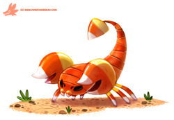 Size: 900x621 | Tagged: safe, artist:cryptid-creations, arachnid, arthropod, fictional species, food creature, hybrid, scorpion, feral, 2d, ambiguous gender, candy, candy corn, food, simple background, solo, solo ambiguous, white background