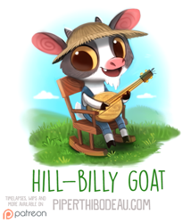 Size: 653x764 | Tagged: safe, artist:cryptid-creations, bovid, goat, mammal, semi-anthro, 2d, banjo, cloud, day, looking at you, male, open mouth, open smile, pun, rocking chair, simple background, sitting, sky, smiling, smiling at you, solo, solo male, visual pun, white background
