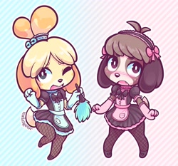Size: 3708x3454 | Tagged: safe, artist:melangetic, digby (animal crossing), isabelle (animal crossing), canine, dog, mammal, shih tzu, anthro, animal crossing, animal crossing: new leaf, nintendo, 2d, blushing, brother, brother and sister, clothes, crossdressing, duo, duo male and female, embarrassed, eye through hair, female, hair, looking at you, maid outfit, male, one eye closed, siblings, sister, smiling, smiling at you, twins, winking